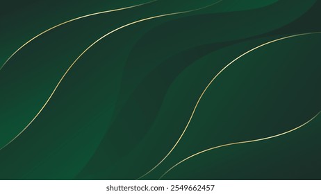 Abstract emerald green luxury background with gold lines. Elegant wave modern wallpapers. Suitable for templates, banners, cards, sales, ads, events, awards, web and pages