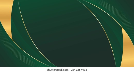 Abstract emerald green luxury curved background with gold lines. Elegant modern wallpapers. Suitable for templates, banners, cards, sales, ads, events, awards, web and pages