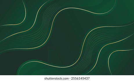 Abstract emerald green luxury wave background with gold lines. Elegant modern wallpaper. Suitable for templates, banners, cards, sales, ads, events, awards, web and pages