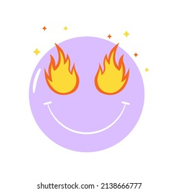 Abstract emoji element with fire in eyes. Groovy face with smile. 70s, 80s, 90s vibes sticker. Psychedelic vector illustration for design and print