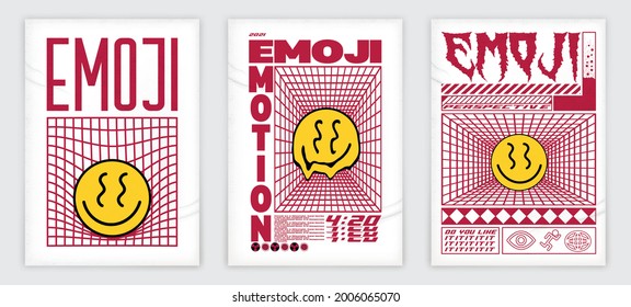 Abstract Emoji Poster. Acid Graphic Style, Rave, Text Design, Posters Isolated On Paper With Shadow And Noise.