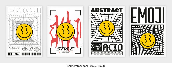 Abstract Emoji Poster. Acid Graphic Style, Rave, Text Design, Posters Isolated On Paper With Shadow And Noise, Set 