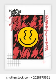 Abstract Emoji Poster. Acid Graphic Style, Rave, Text Design, Posters Isolated On Paper With Shadow And Noise