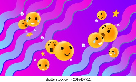 Abstract Emoticon Reactions Concept. Flowing Emoji Faces on Wavy Gradient Background. Vector illustration