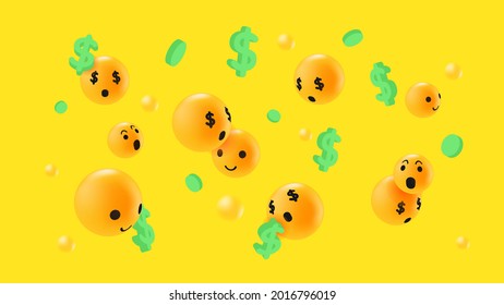 Abstract Emoticon Reactions Money Concept. Dollars and Emoji on Yellow Background Illustration. Vector illustration