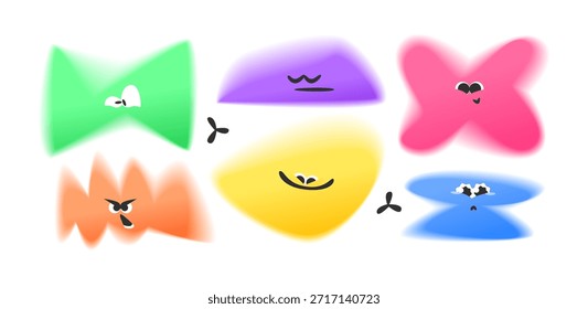 Formas de personajes de emoción Abstractas con disgusto, calma, Inspiración, amor, placer, alegría, tristeza y enojo. Formas de degradado suave con bordes borrosos para pegatinas, emojis, UI y proyectos creativos