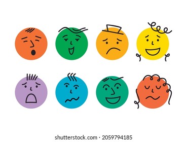 Abstract emotional faces. Round abstract faces with various Emotions. Different colorful characters. Vector illustration. Every face is isolated.