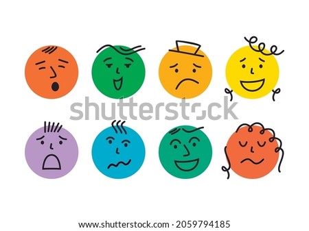Abstract emotional faces. Round abstract faces with various Emotions. Different colorful characters. Vector illustration. Every face is isolated.