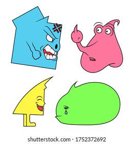 Abstract emotional mascot illustration. Isolated on white background. Random forms with face. Digital cartoon character. Set and pack of four different expressions. Cute kawaii monsters.