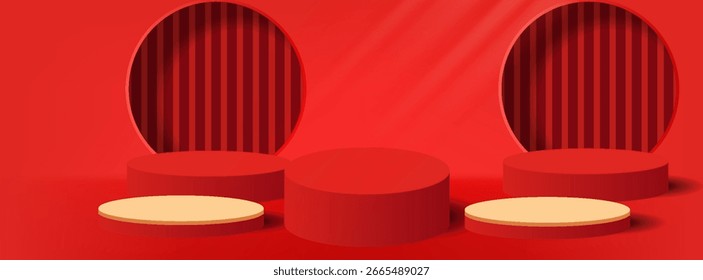 Abstrakt Leeres 3D rundes Podium mit roter abstrakter geometrischer Form Hintergrund für Display-Produkt, Anzug für einfaches Design
