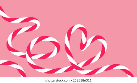 Abstract empty festive Valentine's day banner, hand drawn pink background with ribbon, loop, wave. Banner tied up with cotton red rope bakers twine. Packing string with heart. Vector EPS10