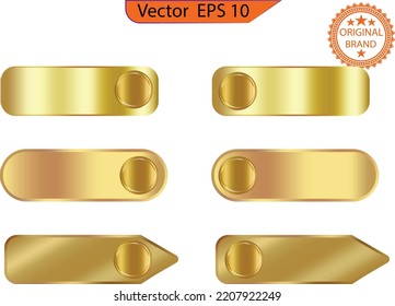 Abstract empty glass gold buttons and sliders, web icons of different forms. Gradient mesh. Button set color gold glossy. Vector illustration