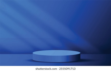 Abstract empty podium display on dark blue light studio room with windows overlay copy space design background