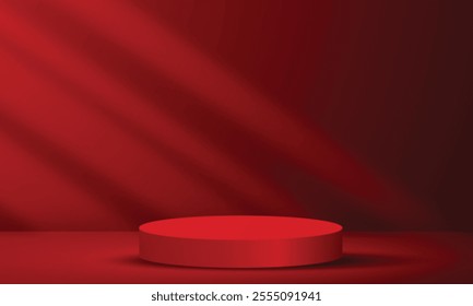 Abstract empty podium display on dark red light studio room with windows overlay copy space design background