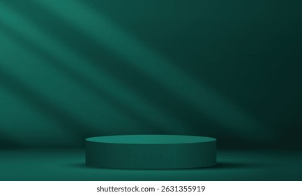 Abstract empty podium display on dark green light studio room with windows overlay copy space design background