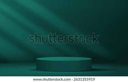 Abstract empty podium display on dark green light studio room with windows overlay copy space design background