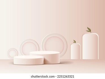 Abstract empty podium mock-up on brown cream background with podium and circular for product light brown modern.
