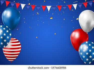 Abstract Empty USA Holiday Party Background with Balloons in Colour of American Flag. Can be used as Poster, Greeting Card. Vector Illustration EPS10