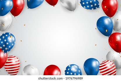 Abstract Empty USA Holiday Party Background with Balloons in Colour of American Flag. Can be used as Poster, Greeting Card. Vector Illustration EPS10