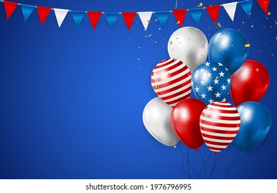 Abstract Empty USA Holiday Party Background with Balloons in Colour of American Flag. Can be used as Poster, Greeting Card. Vector Illustration EPS10