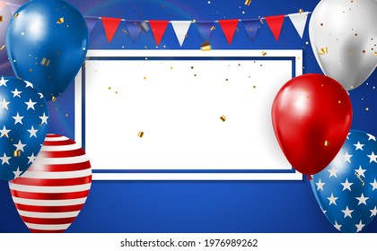 Abstract Empty USA Holiday Party Background with Balloons in Colour of American Flag. Can be used as Poster, Greeting Card. Vector Illustration EPS10
