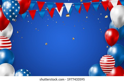 Abstract Empty USA Holiday Party Background with Balloons in Colour of American Flag. Can be used as Poster, Greeting Card. Vector Illustration EPS10