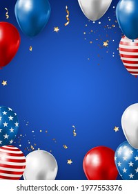 Abstract Empty USA Holiday Party Background with Balloons in Colour of American Flag. Can be used as Poster, Greeting Card. Vector Illustration EPS10