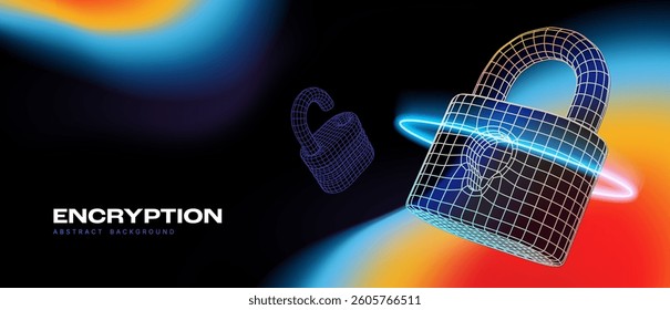 Abstract encryption concept with digital wireframe padlocks floating in cyberspace. Cybersecurity, data protection, privacy, and online safety theme. Futuristic cyber tech style. Vector illustration.