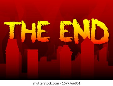 Abstract The End text. Vector illustrated crayon lettering with dark red city in the background.