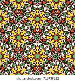 Abstract endless backdrop. Round multicolor texture in red, green and light pink colors. Mandala seamless background