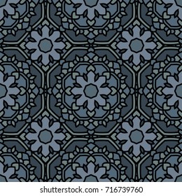 Abstract endless backdrop. Round multicolor texture in blue and gray colors. Mandala seamless  background