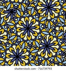 Abstract endless backdrop. Round multicolor texture in white, blue and yellow colors. Mandala seamless background