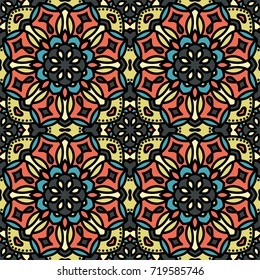 Abstract endless backdrop. Round multicolor texture in gray, blue and yellow colors. Mandala seamless background