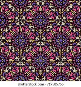 Abstract endless backdrop. Round multicolor texture in violet, pink and yellow colors. Mandala seamless background
