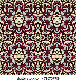 Abstract endless background. Round multicolor texture in red, gray and beige colors. Mandala seamless backdrop