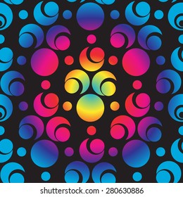 Abstract endless pattern with colorful gradient circle and semicircle elements on black background