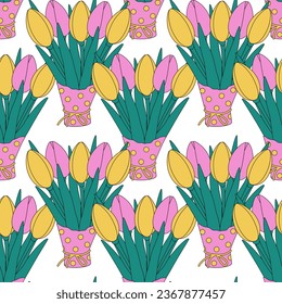 Abstract endless pattern of colorful tulip bouquets in trendy soft shades. Abstract backdrop texture