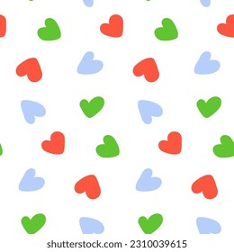 Abstract endless pattern with hand drawn hearts shapes in trendy bright shades. Isolate. Design for wrapping, wallpaper or web, background, poster, banner, brochures or price tag or cards. Vector. EPS