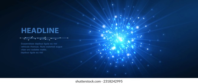 Abstract energy ball explosion on blue. Electric energy power, plasma technology, plasma light, new energy concept.