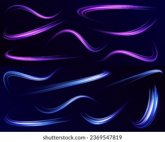 Abstract energy in the form of stripe, arc, curl and zigzag in neon colors with light effect. и Acceleration speed motion on night road. Bright sparkling background.	