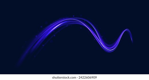 Abstract energy in the form of stripe, arc, curl and zigzag in neon colors with light effect. и Acceleration speed motion on night road. Bright sparkling background.