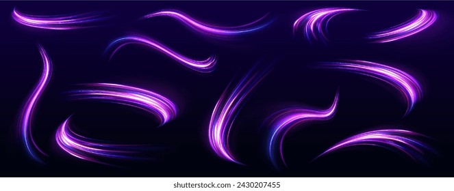 Abstract energy in the form of stripe, arc, curl and zigzag in neon colors with light effect. и Acceleration speed motion on night road. Bright sparkling background.	
