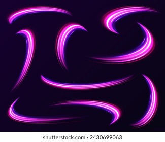 Abstract energy in the form of stripe, arc, curl and zigzag in neon colors with light effect. и Acceleration speed motion on night road. Bright sparkling background.	