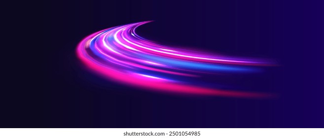 Abstract energy in the form of stripe, arc, curl and zigzag in neon colors with light effect. и Acceleration speed motion on night road. Bright sparkling background.	