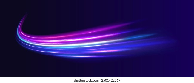 Abstract energy in the form of stripe, arc, curl and zigzag in neon colors with light effect. и Acceleration speed motion on night road. Bright sparkling background.	