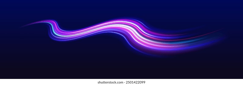 Abstract energy in the form of stripe, arc, curl and zigzag in neon colors with light effect. и Acceleration speed motion on night road. Bright sparkling background.	