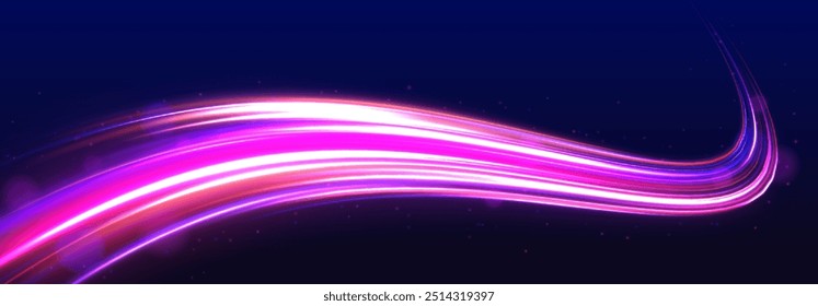 Abstract energy in the form of stripe, arc, curl and zigzag in neon colors with light effect. Acceleration speed motion on night road. Bright sparkling background.	