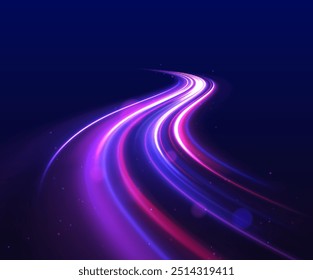 Energia abstrata na forma de faixa, arco, curvatura e ziguezague em cores neon com efeito de luz. Aceleração de movimento em estrada noturna. Fundo brilhante brilhante.	