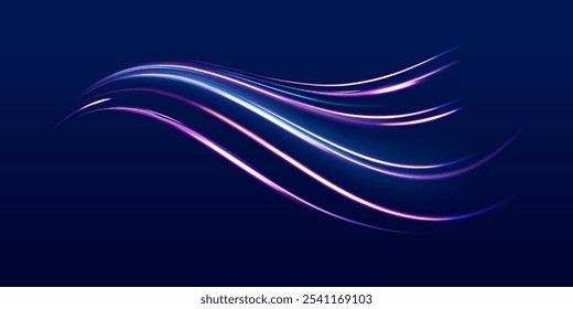 Abstract energy in the form of stripe, arc, curl and zigzag in neon colors with light effect. Light and stripes moving fast over dark background. High-speed light trails effect.	
