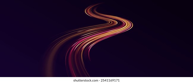 Abstract energy in the form of stripe, arc, curl and zigzag in neon colors with light effect. Light and stripes moving fast over dark background. High-speed light trails effect.	
